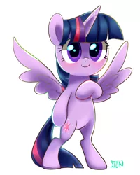 Size: 800x1000 | Tagged: safe, artist:sion-ara, derpibooru import, twilight sparkle, twilight sparkle (alicorn), alicorn, pony, bipedal, blushing, cute, female, filly, filly twilight sparkle, mare, smiling, solo, spread wings, twiabetes, younger