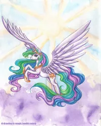 Size: 1000x1247 | Tagged: safe, artist:mana-kyusai, derpibooru import, princess celestia, alicorn, pony, female, flying, looking at you, mare, solo, spread wings, sun, traditional art