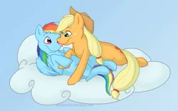 Size: 1099x684 | Tagged: safe, artist:arcticwaters, derpibooru import, applejack, rainbow dash, earth pony, unicorn, appledash, blushing, cloud, female, holding hooves, lesbian, licking, mare, shipping