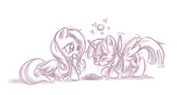 Size: 2440x1308 | Tagged: safe, artist:melodenesa, derpibooru import, fluttershy, twilight sparkle, twilight sparkle (alicorn), alicorn, pony, chewing, cookie, cute, eating, female, mare, monochrome, munch, munching, sketch