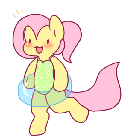 Size: 421x470 | Tagged: safe, artist:milkwolf, derpibooru import, fluttershy, semi-anthro, :3, alternate hairstyle, ask-friendlyshy, bipedal, blushing, clothes, cute, female, floaty, image, inner tube, one-piece swimsuit, open mouth, png, ponytail, shyabetes, simple background, solo, swimsuit, white background