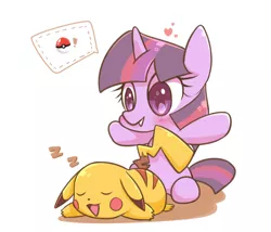 Size: 1400x1200 | Tagged: artist:joycall6, blushing, crossover, cute, derpibooru import, eyes closed, filly, filly twilight sparkle, grin, heart, nintendo, open mouth, pictogram, pikachu, pokéball, pokémon, prone, safe, sitting, sleeping, smiling, speech bubble, twiabetes, twilight sparkle, watching, zzz