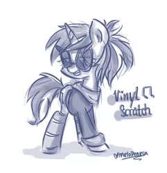 Size: 761x788 | Tagged: safe, artist:melodenesa, derpibooru import, vinyl scratch, monochrome, ponytail, sketch, solo