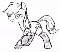 Size: 1024x892 | Tagged: safe, artist:tebasaki, derpibooru import, applejack, earth pony, pony, clothes, fireproof boots, grayscale, hatless, missing accessory, monochrome, simple background, socks, solo, traditional art