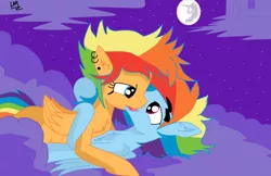 Size: 1024x663 | Tagged: artist:artistbrony, chest fluff, derpibooru import, eye contact, french kiss, love, making out, mare in the moon, moon, not scootaloo, oc, oc:swagoskittles, rainbow blitz, rainbow dash, rule 63, shipping, suggestive