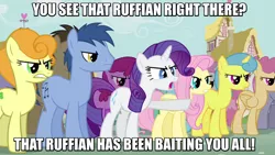 Size: 896x504 | Tagged: berry punch, berryshine, blues, carrot top, derpibooru import, dizzy twister, doctor whooves, fluttershy, golden harvest, image macro, lemon hearts, meme, noteworthy, orange swirl, rarity, reaction image, royal riff, ruffian, safe, screencap, this is bait, time turner, twinkleshine