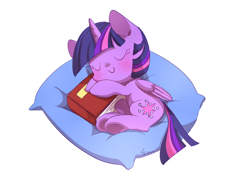 Size: 1280x960 | Tagged: safe, artist:sion, derpibooru import, twilight sparkle, twilight sparkle (alicorn), alicorn, pony, blushing, book, c:, cute, eyes closed, female, happy, mare, pillow, side, simple background, sleeping, smiling, solo, that pony sure does love books, twiabetes, underhoof