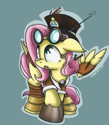 Size: 783x900 | Tagged: artist:mistydash, clothes, derpibooru import, fluttershy, goggles, hat, looking up, safe, simple background, solo, steampunk, top hat
