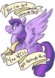 Size: 636x900 | Tagged: safe, artist:asofterbucky, derpibooru import, twilight sparkle, twilight sparkle (alicorn), alicorn, pony, curved horn, female, fluffy, mare, mouthpiece, old banner, positive message, positive ponies, profile, smiling, solo, spread wings