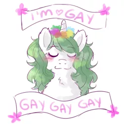 Size: 1280x1280 | Tagged: safe, artist:missmagikarp, derpibooru import, oc, oc:bedhead, unofficial characters only, pony, unicorn, eyes closed, gay, male, old banner, parody, simple background, smiling, solo, white background
