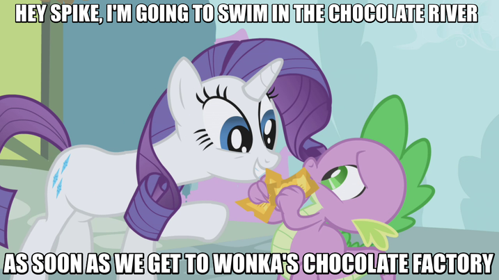 Size: 717x403 | Tagged: safe, derpibooru import, edit, edited screencap, screencap, rarity, spike, dragon, pony, unicorn, the ticket master, duo, gala ticket, image macro, meme, off model, ticket, willy wonka and the chocolate factory