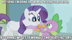 Size: 717x403 | Tagged: safe, derpibooru import, edit, edited screencap, screencap, rarity, spike, dragon, pony, unicorn, the ticket master, duo, gala ticket, image macro, meme, off model, ticket, willy wonka and the chocolate factory