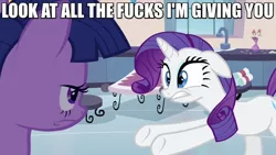 Size: 768x432 | Tagged: safe, derpibooru import, screencap, rarity, twilight sparkle, games ponies play, fucks, image macro, meme, no fucks, unamused, vulgar