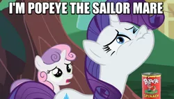 Size: 628x360 | Tagged: derpibooru import, edit, edited screencap, image macro, meme, popeye, rareye the sailormare, rarity, safe, screencap, sisterhooves social, spinach, sweetie belle