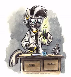 Size: 538x586 | Tagged: artist:kenket, artist:spainfischer, beaker, bipedal, canterlot high, canterlot high blog, chemistry, clothes, dead source, derpibooru import, goggles, lab coat, microscope, safe, solo, test tube, zebra, zecora