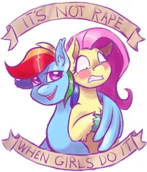 Size: 500x583 | Tagged: artist:mlpendlessnight, bedroom eyes, blatant lies, blushing, double standard, ear fluff, edit, female, fluttershy, frown, gritted teeth, hug, implied rape, it's not rape when a girl does it, lesbian, mouthpiece, old banner, op started shit, personal space invasion, rainbow dash, rape, semi-grimdark, smiling, social justice, suggestive, unshorn fetlocks, we are going to hell, wide eyes, winghug