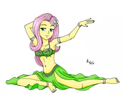 Size: 1010x792 | Tagged: suggestive, artist:mayorlight, derpibooru import, fluttershy, equestria girls, anklet, armlet, armpits, barefoot, belly button, belly dancer, belly dancer outfit, belly jewel, bracelet, breasts, cleavage, feet, female, harem outfit, image, jeweled navel, jewelry, jpeg, midriff, simple background, solo, solo female, white background