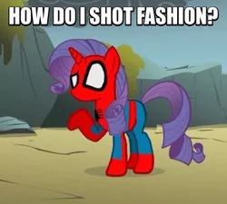 Size: 374x337 | Tagged: derpibooru import, image macro, meme, rarity, safe, solo, spider-man, spiderponyrarity, that pony sure does love fashion