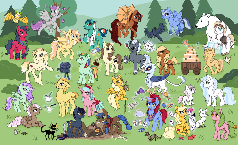 Size: 1600x975 | Tagged: safe, artist:pedigreeunicorn, derpibooru import, oc, oc:allegro, oc:ankh, oc:bones, oc:bunny teal, oc:cherry top, oc:citrus, oc:cotton tail, oc:darling cloud, oc:dream catcher, oc:frost feather, oc:goldie locks, oc:lava cookie, oc:milkyway, oc:minty marvel, oc:neovictoria, oc:night prancer, oc:oscar, oc:painted canvas, oc:pixie, oc:polar frost, oc:ponine fortuna, oc:scout, oc:showtime, oc:snowball, oc:sugar bliss, oc:technicolor, oc:wildcard, unofficial characters only, arctic fox, bat, bear, bird, butterfly, cat, ferret, fox, fruit bat, gryphon, polar bear, rat, raven (bird), bone, book, cake, camera, card, cart, clothes, cup, dice, filly, flying, goggles, group, magic, mole, pencil, playing card, scarf, spades, stethoscope