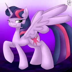 Size: 2000x2000 | Tagged: safe, artist:derpfacederpy, derpibooru import, twilight sparkle, twilight sparkle (alicorn), alicorn, pony, bedroom eyes, female, looking at you, mare, raised hoof, smiling, smirk, smug, smuglight sparkle, solo, spread wings