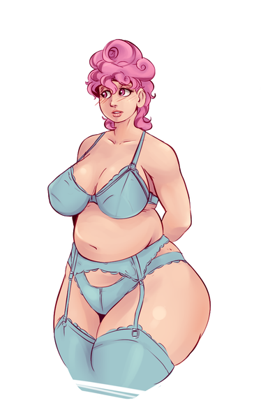 Size: 741x1190 | Tagged: artist:sundown, bbw, bra, breasts, busty cup cake, chubby, clothes, cup cake, derpibooru import, female, human, humanized, lingerie, milf, muffin top, panties, plump, solo, solo female, suggestive, underwear