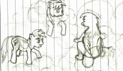 Size: 1506x866 | Tagged: safe, artist:ponescribbles, derpibooru import, cloudchaser, gilda, rainbow dash, gryphon, chickub, cloud, cloudy, filly, lined paper, monochrome, raised leg, traditional art, younger