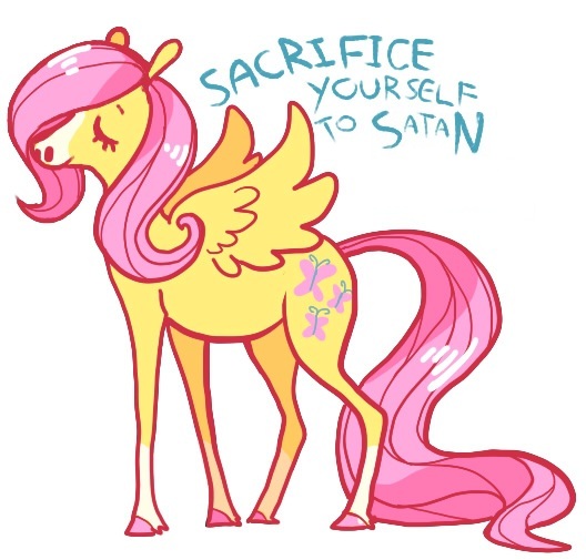 Size: 528x505 | Tagged: artist:jester, derpibooru import, dissonant caption, edit, fluttershy, mouthpiece, parody, sacrifice, satan, semi-grimdark, solo, text