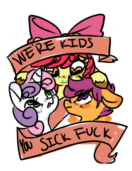 Size: 501x648 | Tagged: apple bloom, artist:techno, artist:techtechno, cutie mark crusaders, derpibooru import, floppy ears, frown, implied foalcon, mouthpiece, old banner, op is right, questionable, ribbon, scootaloo, sweetie belle, unshorn fetlocks, vulgar, wavy mouth