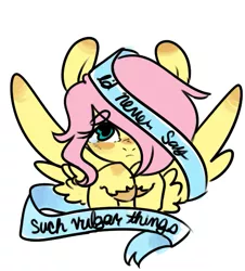 Size: 599x662 | Tagged: artist:techno, crying, derpibooru import, eyebrows, fluttershy, frown, looking at you, old banner, ribbon, safe, solo, spread wings, unshorn fetlocks