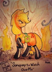 Size: 599x834 | Tagged: safe, artist:doubt, derpibooru import, applejack, somepony to watch over me, fireproof boots, solo, traditional art