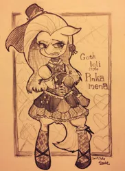 Size: 550x756 | Tagged: safe, artist:doubt, derpibooru import, pinkie pie, pony, bipedal, clothes, gothic lolita, lolita fashion, monochrome, pinkamena diane pie, solo, traditional art