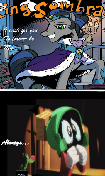 Size: 611x1024 | Tagged: crossover, good king sombra, k9, king sombra, looney tunes, marvin the martian, meme, parody, safe, shiny teeth, spoiler:comic, spoiler:comic18, spoiler:comic19, the looney tunes show