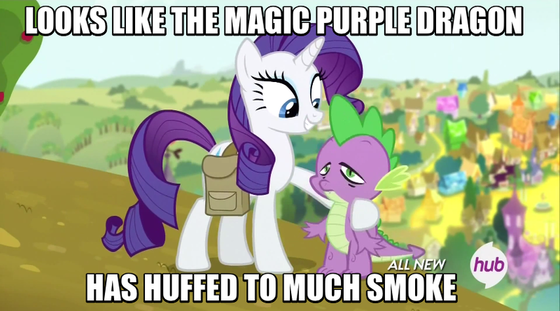 Size: 854x474 | Tagged: safe, derpibooru import, screencap, rarity, spike, dragon, pony, unicorn, inspiration manifestation, duo, female, high, hub logo, image macro, male, mare, meme, saddle bag, stoner spike