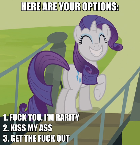 Size: 829x857 | Tagged: safe, derpibooru import, edit, edited screencap, screencap, rarity, pony, unicorn, butt, caption, female, gtfo, image macro, mare, meme, plot, raised hoof, reaction image, smiling, solo, underhoof, vulgar