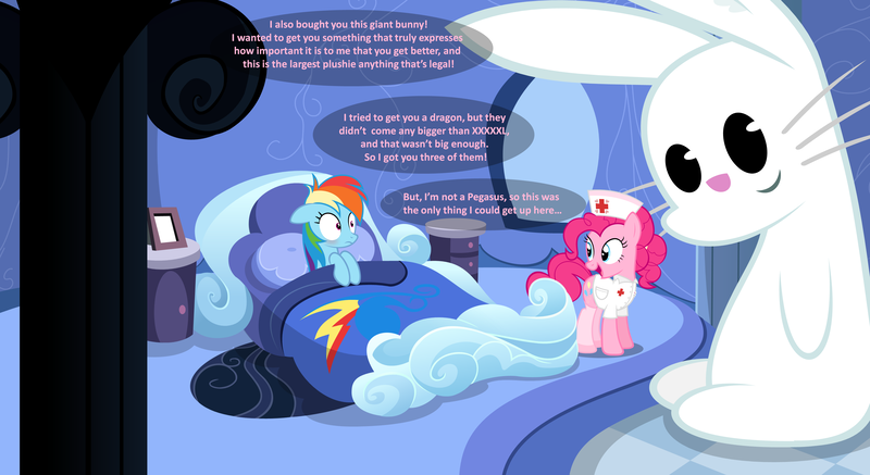 Size: 3793x2071 | Tagged: safe, artist:zacatron94, derpibooru import, pinkie pie, rainbow dash, rabbit, female, giant plushie, lesbian, nurse, nurse outfit, pinkiedash, plushie, shipping