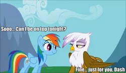 Size: 960x558 | Tagged: suggestive, derpibooru import, edit, edited screencap, screencap, gilda, rainbow dash, gryphon, pegasus, pony, griffon the brush off, caption, female, gildash, implied sex, lesbian, mare, out of context, shipping