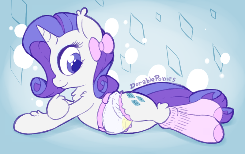 Size: 1150x721 | Tagged: questionable, artist:dorableponies, derpibooru import, edit, rarity, pony, unicorn, clothes, colored pupils, diaper, diaper fetish, female, mare, socks, solo, solo female, urine, wet