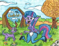 Size: 2137x1668 | Tagged: safe, artist:krazykari, derpibooru import, spike, twilight sparkle, equestria girls, better alternative, exploitable meme, faun, faunified, meme, spike as spyro, spyro the dragon, traditional art, twiscream