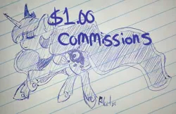 Size: 500x323 | Tagged: artist:pluto manson, commission, lined paper, monochrome, princess luna, safe, solo, traditional art