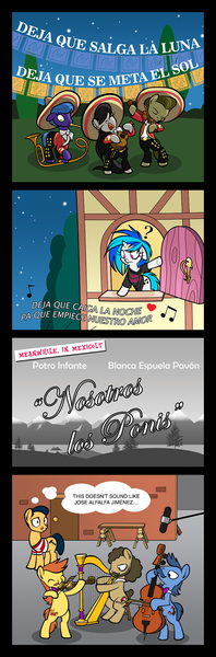 Size: 803x2432 | Tagged: safe, artist:toonbat, derpibooru import, concerto, luis, miguel, octavia melody, parish nandermane, sancho, vinyl scratch, inspiration manifestation, bilingual, blanca estela pavon, bow (instrument), cello, cello bow, comic, female, harp, jose alfredo jimenez, lesbian, mariachi, mexico, musical instrument, nosotros los pobres, pedro infante, pepe el toro, role reversal, scratchtavia, shipping, spanish, violin, violin bow