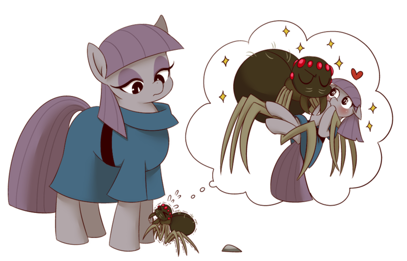 Size: 1013x648 | Tagged: safe, artist:umeguru, derpibooru import, fuzzy legs, maud pie, earth pony, pony, spider, blushing, bridal carry, clothes, female, floppy ears, head tilt, heart, hug, mare, pictogram, plewds, shivering, sparkles, sweat, thought bubble, wide eyes