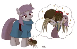 Size: 1013x648 | Tagged: safe, artist:umeguru, derpibooru import, fuzzy legs, maud pie, earth pony, pony, spider, blushing, bridal carry, clothes, female, floppy ears, head tilt, heart, hug, mare, pictogram, plewds, shivering, sparkles, sweat, thought bubble, wide eyes