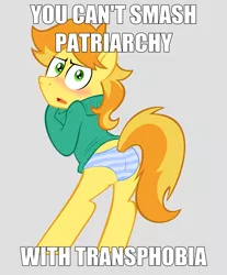 Size: 1472x1781 | Tagged: blushing, braeburn, clothes, crossdressing, derpibooru import, drama, feminism, image macro, male, meme, mouthpiece, panties, patriarchy, social justice, solo, solo male, striped underwear, stupid sexy braeburn, suggestive, sweater, third wave feminism, transgender, tumblr, tumblr feminism, unamused, underwear, wat