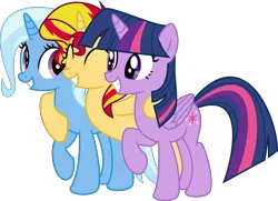 Size: 10472x7580 | Tagged: safe, artist:elsia-pony, derpibooru import, sunset shimmer, trixie, twilight sparkle, twilight sparkle (alicorn), alicorn, pony, unicorn, .svg available, absurd resolution, counterparts, friendship, magical trio, simple background, svg, transparent background, twilight's counterparts, vector