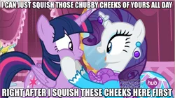 Size: 963x541 | Tagged: suggestive, derpibooru import, edit, edited screencap, screencap, rarity, twilight sparkle, twilight sparkle (alicorn), alicorn, pony, simple ways, caption, chubby, chubby cheeks, female, image macro, implied anal, lesbian, mare, meme, rarilight, rarity's bad pickup lines, shipping, squishy, squishy cheeks