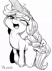 Size: 696x947 | Tagged: safe, artist:nekubi, derpibooru import, jinx, earth pony, human, pony, amputee, blushing, braid, grayscale, hand, katawa jinx, monochrome, offscreen character, open mouth, petting, smiling, wink