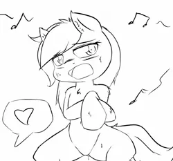 Size: 1501x1401 | Tagged: suggestive, artist:randy, derpibooru import, oc, oc:aryanne, unofficial characters only, pony, bipedal, black and white, blushing, chest fluff, ear fluff, female, grayscale, heart, holding hooves, moan, monochrome, music, music notes, sexy, sitting, sketch, solo, solo female, speech bubble, sweat