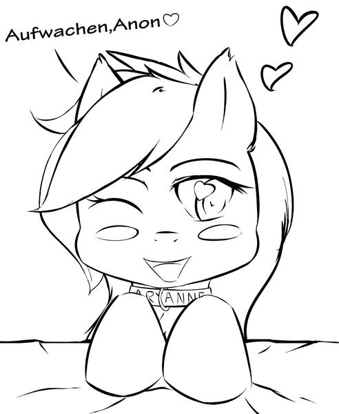 Size: 1639x2000 | Tagged: safe, artist:randy, derpibooru import, oc, oc:aryanne, unofficial characters only, bed, black and white, blanket, blushing, collar, ear fluff, german, grayscale, happy, heart, heart eyes, monochrome, pet, pet play, sketch, smiling, solo, submissive, wake up, wingding eyes, wink