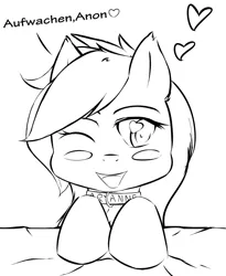 Size: 1639x2000 | Tagged: safe, artist:randy, derpibooru import, oc, oc:aryanne, unofficial characters only, bed, black and white, blanket, blushing, collar, ear fluff, german, grayscale, happy, heart, heart eyes, monochrome, pet, pet play, sketch, smiling, solo, submissive, wake up, wingding eyes, wink