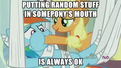 Size: 640x360 | Tagged: applejack, derpibooru import, feedee, feignbow dash, force feeding, hoof in mouth, hoofjack, image macro, meme, mouthpiece, puffy cheeks, rainbond dash, rainbow dash, rainbow falls, safe, screencap, tied up